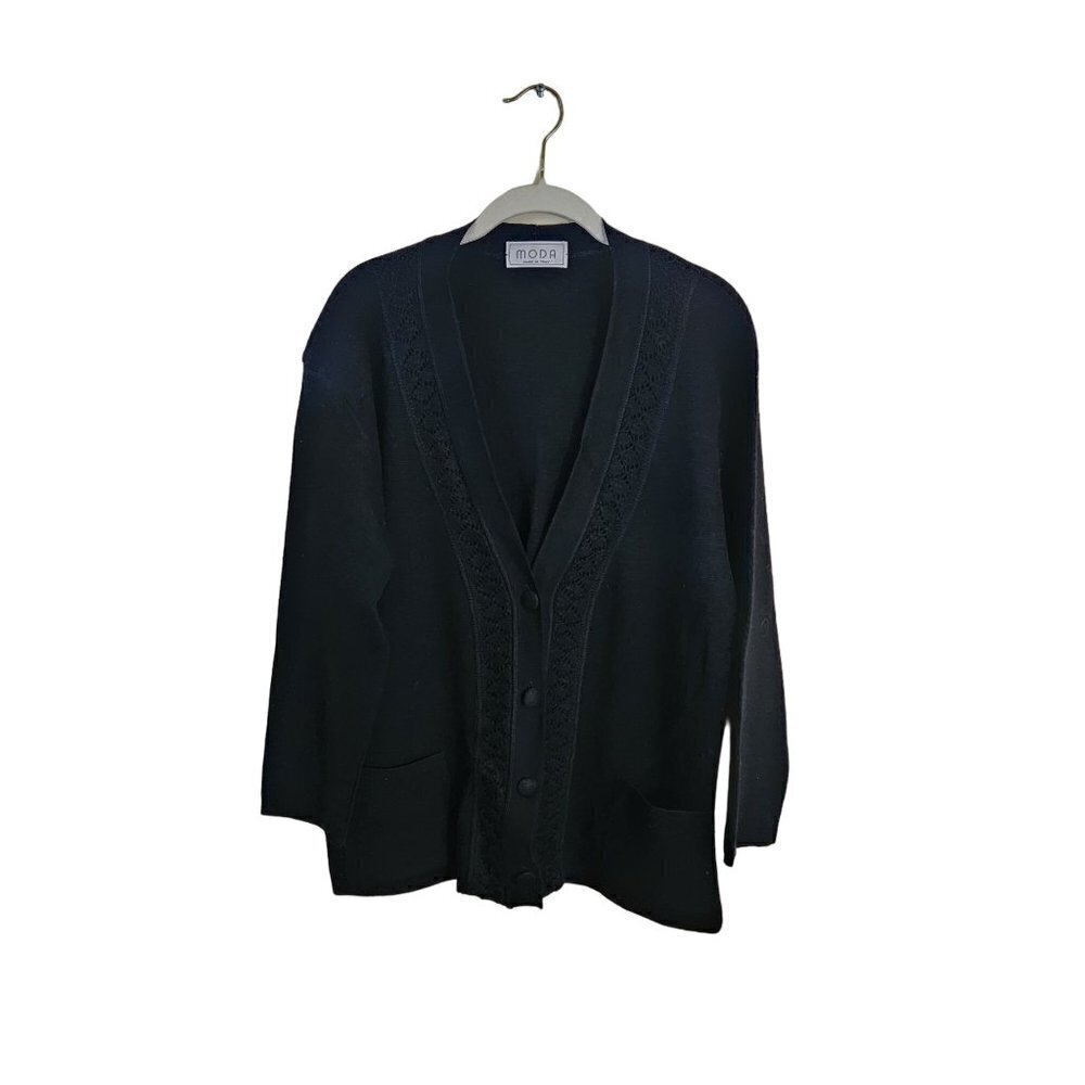 Moda Made In Italy Black Wool Blend Long Line V Neck Cardigan Sweater Size XL